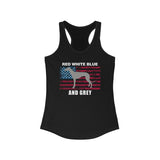 Red White Blue And Grey American Flag Greyhound Women's Racerback Tank with Grey Lettering - Grey Lives Matter Shop