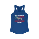 Red White Blue And Grey American Flag Greyhound Women's Racerback Tank with Grey Lettering - Grey Lives Matter Shop