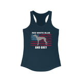 Red White Blue And Grey American Flag Greyhound Women's Racerback Tank with Grey Lettering - Grey Lives Matter Shop